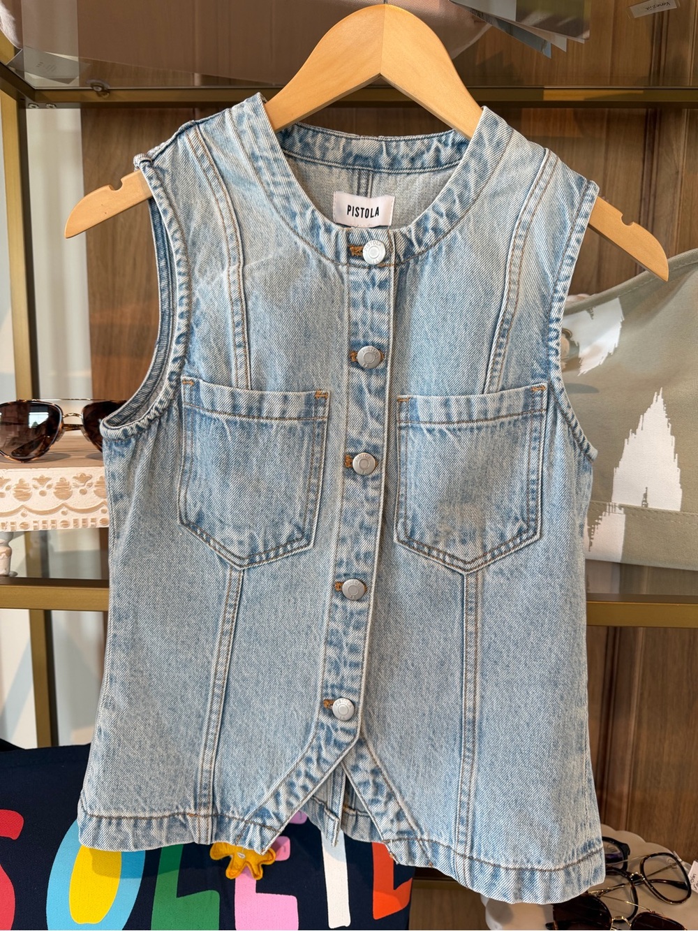 pistola light blue denim sleeveless button-front vest